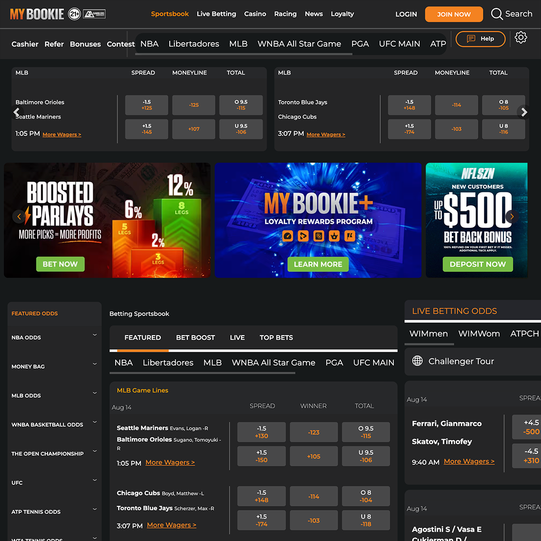MyBookie sportsbook interface supplied by its affiliate program; displayed markets are illustrative